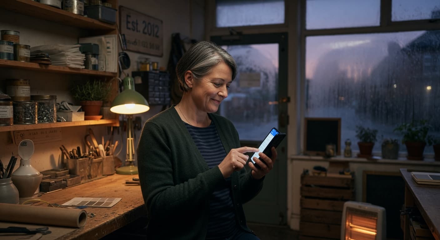Darker professional image of a small local UK business owner in a dimly lit welcoming shop, checking for customer enquiries from their professional website