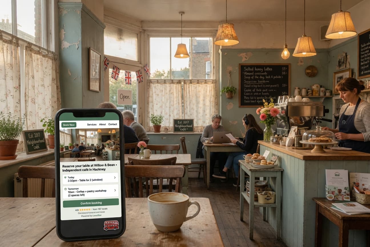 Small local UK business with a professional website shown on mobile in a welcoming shop setting
