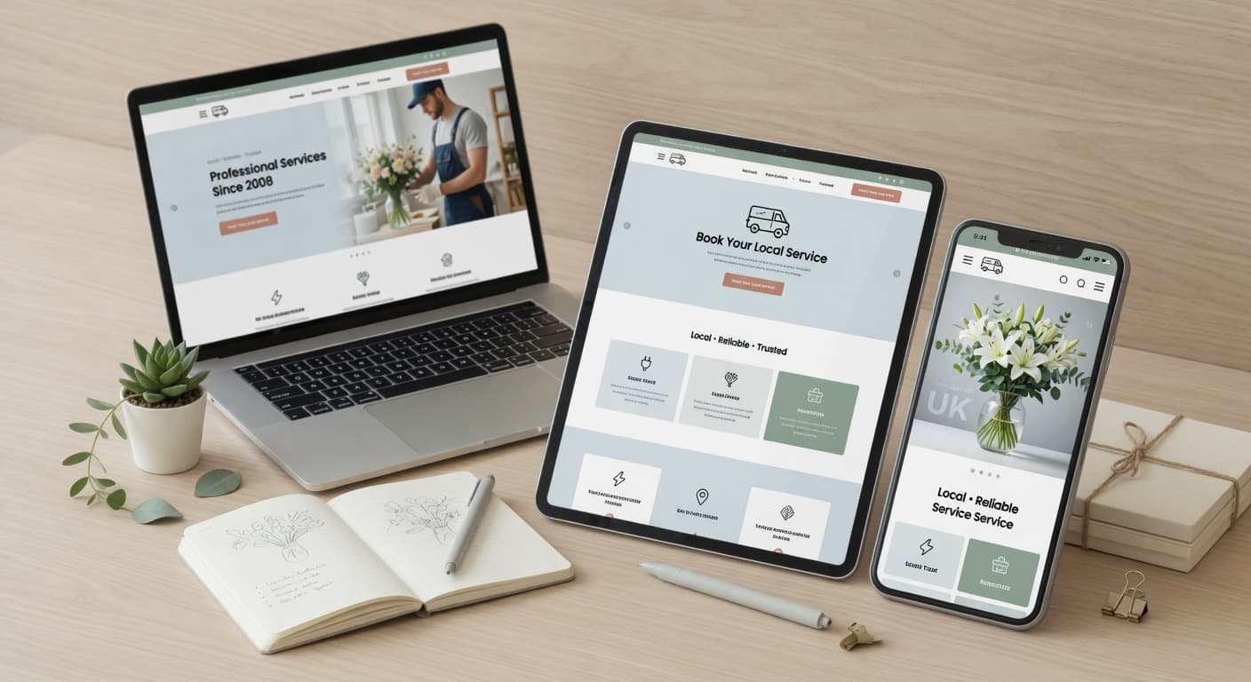 Clean professional website for a small local business shown across laptop, tablet and mobile devices